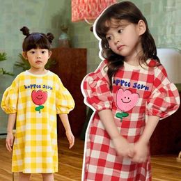 Girl Dresses Spring Summer Korean Girls Casual Cute Printing Plaid Cotton Skirt O-neck Puff Sleeve Dress For Kids Clothes