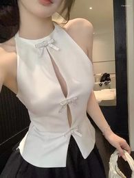 Women's Tanks 2024 Summer Woman Sexy & Club Tank Tops Solid White Halter Neck Backless With Bow Vest Female Chic Slim Crop Y2K