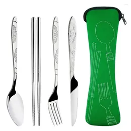 Dinnerware Sets 1 Set Tableware Portable Printed Stainless Steel Spoon Fork Chopstick Steak Knife Travel Bag