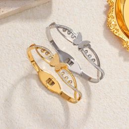 Bangle Crystal Clasp Stainless Steel Bracelet Women Gold Open Cuff Frosted Butterfly Bracelets Bangles