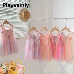 Girl's Dresses Baby Girls Mesh Casual Dress with Ribbon Wings Mid-Calf Length Flare Sleeves Sling for Summer H240507