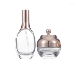 Storage Bottles 50ml 100ml 120ml Clear Glass Lotion Bottle Cosmetic Packaging Emulsion Refillable Rose Gold Lid 30G 50G Eye Cream Jars 6pcs