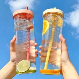 Cups Dishes Utensils 700ML Folding Straw Cup Transparent Large Capacity Water Bottle Portable Juice Cup Lemon Water Philtre Cute Girl Beverage BottleL2405