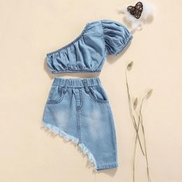 Clothing Sets Kids Baby Girls Denim Clothes Set Summer Short Sleeve One Shoulder Crop Tops Irregular Skirts Fashion Outfits 0-5Y
