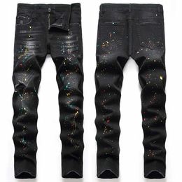 ns Black Trousers Large Size Personality Trendy Pants European And American Regular Version Hole Jeans Denim Mens New Elastic Pant J240507