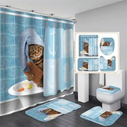 Curtains Cartoon Cat Shower Curtain Animal Bath Print Bath Mat Set Waterproof Carpet Toilet Rug For Bathing Cover Bath Curtain With Hooks