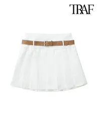 Skirts -Pleated Mini Skirt With Belt For Women High Waist Side Zipper Female Fashion