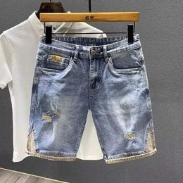 Men's Shorts Mens retro torn blue denim shorts summer fashion straight knee five point short jeansL2405