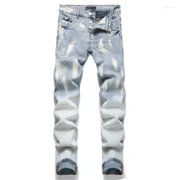 Men's Jeans 2024 Mens Fashion Light Blue Spray Painting Slim Straight High Quality Jean Homme Men Denim Pants