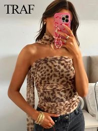 Work Dresses 2024 Women's Leopard Print Tube Top Sweet Tulle Halterneck Off-Shoulder Slim Sleeveless Chic Pleats Sexy Female Tops Y2K