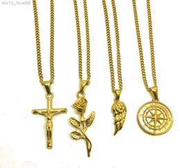 Fashion vintage rose hip hop jus crucifix pendant gold stainls steel compass charm men feather wing necklace5968045