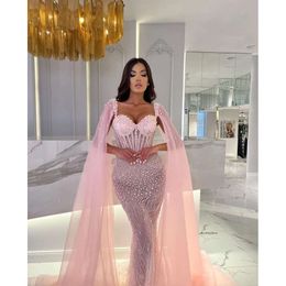 Pink Mermaid Prom Dresses Sleeveless V Neck Straps Appliques Sequins Beaded 3D Lace Pearls Floor Length Capes Evening Dress Bridal Gowns Plus Size Custom Made 0431