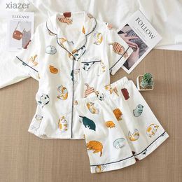 ملابس نوم للسيدات اليابانية الصيف النسائية الجديدة بيجامات من القطعة 100 ٪ شاش القطن رقيقة قصيرة الأكمام