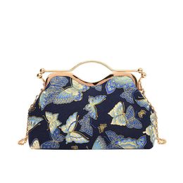 Ladies Evening Bag Handheld Dinner Bag Fashionable Chinese Style Clamping Shell Embroidered Print Butterfly Flower Chain Crossbody