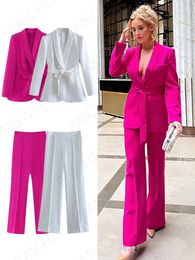 Women's Two Piece Pants ZBZA Fashion Solid Colour With Belt Blazer Lapel Long Sleeve Jacket Office Ladies White Trouser Suit