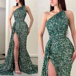 Shoulder High Split Prom One Sequins Dark Green Party Dress Sweep Train Dresses For Special Ocns es