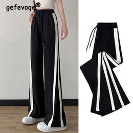 Women's Pants Capris Side Stripe Sweatpants Y2k Women 2023 Summer Korean Style High Waist Strtwear Harajuku Straight Wide Leg Pants Casual Trousers Y240504