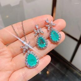 Necklace Earrings Set Paraiba Stone Blue Crystal Hoops Women Pendant Bride Retro Vintage Tassel Jewellery Anniversary Gift Charms