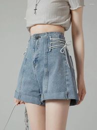 Women's Shorts Zoki Fashion Lace Up Denim Women Sweet High Waist Preppy Style Jeans Summer Casual Design Cute Korean