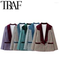 Women's Suits 2024 Spring Women 5 Colour Houndstooth Velvet Patchwork Short Suit Jacket Long Sleeve Office Lady Blazer Coat Female Y2K