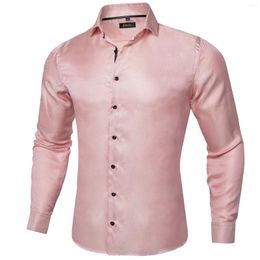 Men's Dress Shirts Pink Solid Men Silk Long Sleeve Top Business Office Social Clothing Wedding Party Blouse