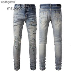 Craft Leather Mens Quality Mens Demin 2024 Purple Jeans Heavy Jean Fashion Washed Perforated Vuwe Amiirii High IKQU