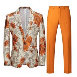 Mens Set 2-piece Orange Flower Pattern One Button Business Leisure Wedding Birthday Party Set Jacket and Pants 240429