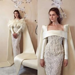 Klänningar design modern sjöjungfru ny ankomst wrap med långa ärmar brudklänningar 3d blommig applicerad spets bröllopsklänning sveptåg