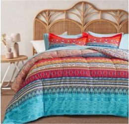 寝具セットボヘミアンエスニック風力青色の赤い色ブロック羽毛布団カバーフラットシート枕カバー3ピースセット