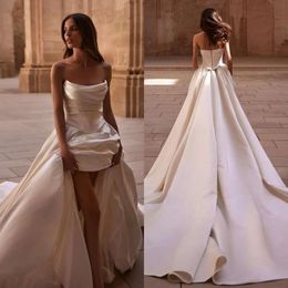 라인 밀라 드레스 Nova Strapless Satin Backless Wedding Desses Pleats residos de novia 스위프 트레인 디자이너 신부 가운 ES 서명자