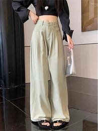 Women's Jeans Vintage Green Autumn Y2k High Waist Slim Loose Full Length Straight Chic Fashion Female Wide Leg Pants Z164