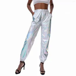 Women's Pants Laser Metallic Women Casual Long Nightclub Party Elastic High Waist Trousers With Pockets Disco Hippie Harem Pantalones