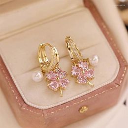 Hoop Earrings Luxury Zircon Flower Pendant For Women Trendy Austrian Crystal Imitation Pearl Party Wedding Jewelry