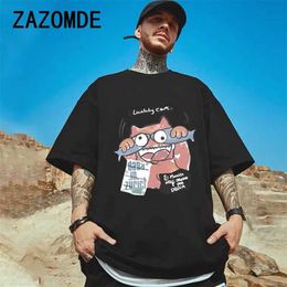 ZOMDE 2024 Cartoon Cat Pattern T-shirt Mens 260GSM Cotton Graphic Shirt Casual Short Sleeve Womens T-shirt O-Neck Harajuku T-shirt J240506