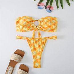 Women's Swimwear Fashion Floral Print Bikini Rings Bowknot Bandeau Swimsuit Separate Thong Y2K Trend Women Beach Bathing Suits Vacation