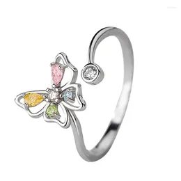 Cluster Rings Korean Fashion Colour Crystal Zircon Butterfly Open Adjustable For Women Personality Ring Gift Anillo Mujer