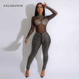 Women's Jumpsuits Rompers ANJAMANOR Rhinestone Sparkling Jumpsuit Women S Thorugh Mesh One Pieces All Black Luxury Party Clubbing Outfits D35-GE38 T240507