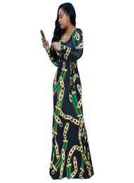 New Womens Maxi Dress Traditional African Fashion Print Long Dresses Elastic Elegant Ladies Bodycon Vintage Chain Printed Plus siz3616994