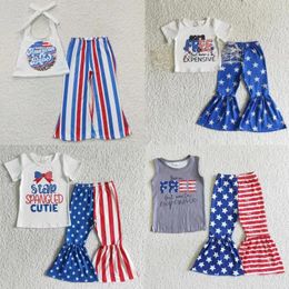 Clothing Sets Wholesale Toddler July 4th Red Blue Striped Star Outfit Baby Girl Shirt Tops Bell Pants Children Kid Summer Independence Day