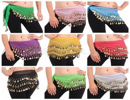 Belly Dance Skirt Scarf Hip Wrap Belt Chiffon 3 Rows 128 Coins Belt Skirt 10 Colours Stage Wear 200pcs OOA51958597138