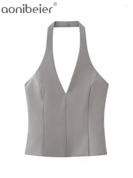 Women's Tanks Aonibeier Grey Women Camis 2024 Summer Patchwork Side V Neck Sleeveless Backless Slim Female Halter Crop Top Y2K