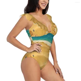 Women's Swimwear Ruffled One-piece Swimsuit Women Cartoon Shells On The Beach Sexy Lace Up Monokini Girl Bathing Suit