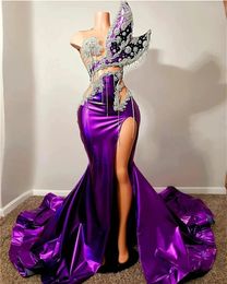 Purple Satin Mermaid Prom Dresses For Black Girls 2024 Sexy Front Split One Shoulder Graduation Crystal Beading Birthday Party Gown Vestidos
