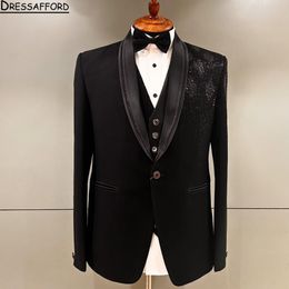 Black Blazers Men Suits Sequined Beading Fashion Banquet 2 Piece Business Jacket Pants Trousers