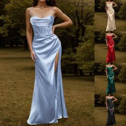 Casual Dresses Elegant Women Sexy Satin Maxi Dress Spaghetti Strap Corset Push Up Fishbone Ruched High Slit Vestidos Evening Party Long