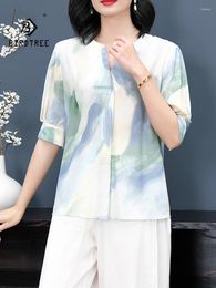 Women's Blouses BirdTree 90% Real Silk Loose Shirts Half Sleeve Printed Mom Elegant French Satin 2024 Summer T444133QC