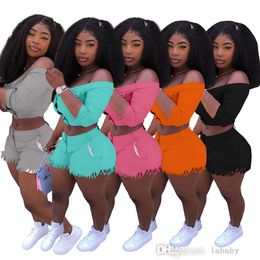 New Two Piece Set Women Tracksuits Plus Size 3xl 4xl Clothing Fashion Sexy Off Shoulder Buttons Crop Top And Tassel Shorts Casual Suit 2Pcs Sets For Women Outfits