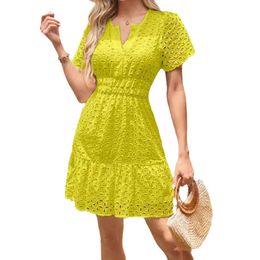Women Summer Casual Dresses Trendy Lace Hollow Out Short Sleeve Sexy V Neck Mini Dress Slim Fit A-Line Vacation Dress