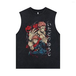 Men's Tank Tops Hip Hop Harajuku Street Sleeveless T-shirt Anime Print Vintage Washed Black Top Summer Loose Unisex Sweatshirt Gym Vest