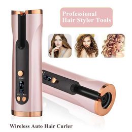 Curling Irons Automatic curler rotating iron LCD display USB charging corrugated portable wave styling tool for home use Q240506